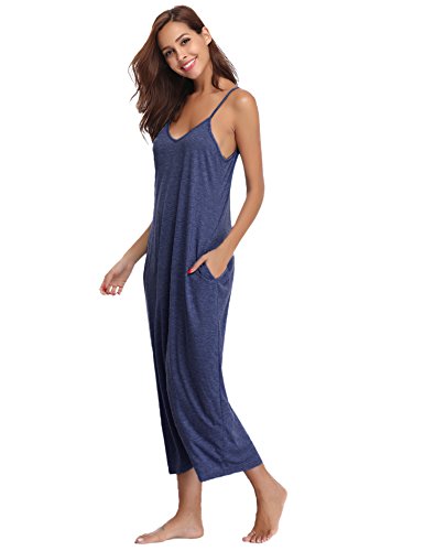 Aibrou Women's Cotton V Neck Long Nightgown Sleeveless Full Slip Night Dress Dark Blue