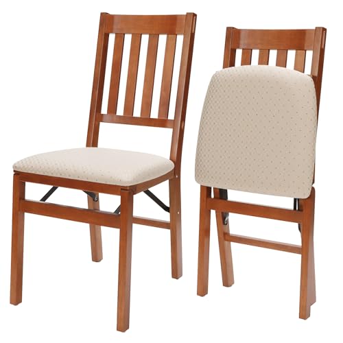 Stakmore Arts and Crafts Wooden Folding Chairs with Padded Seats, Set of 2 - No Assembly Foldable Dining Chairs, Steel...