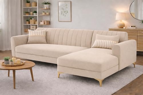 Image of Adorn India Premium Luster 6 Seater L Shape Sofa Set | Velvet Suede Fabric | 3-Year Warranty | RHS |Color Cream with Golden Legs & Striped Pattern Cushion