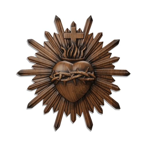 QIADGE Hand-Carved Sacred Heart of Jesus Wooden Wall Decor – Religious Art Hanging, Catholic Home Decoration, 14-Inch Spiritual Gift