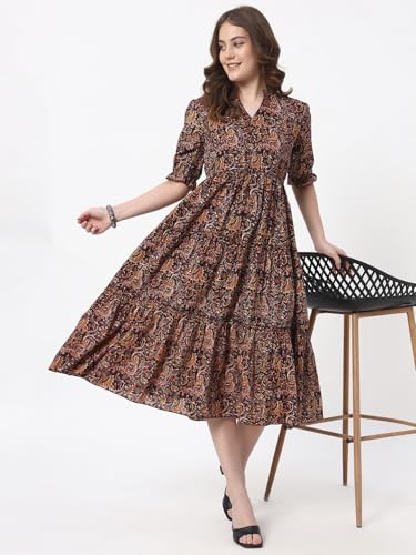 Image of PIDAVLIYA'S Women's Floral Summer Maxi Dress I Cotton Printed I One Piece Bodycon Midi Dress with V-Neck, Puffed Sleeves