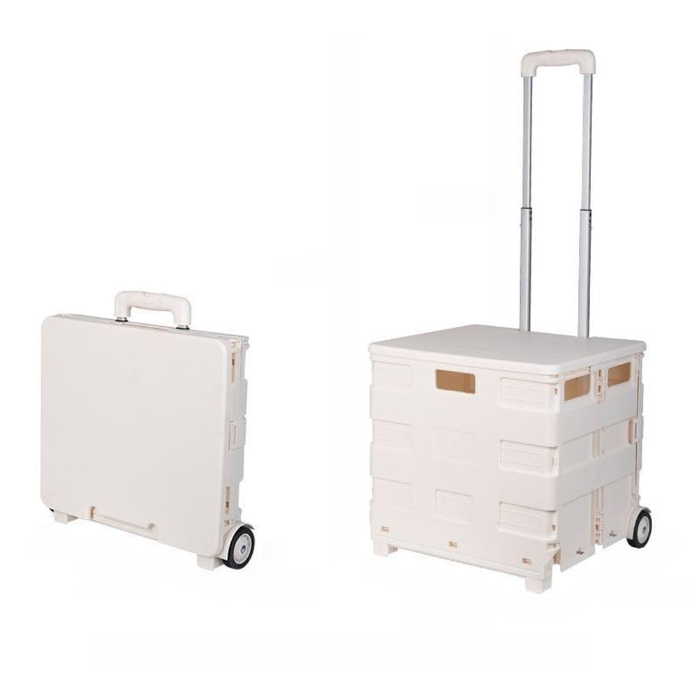 Carrito de compras plegable grande, carrito portátil de 65 litros con tapa, caja de comestibles para lavandería, deportes y manualidades, color blanco, diseño de dos ruedas para un fácil transporte