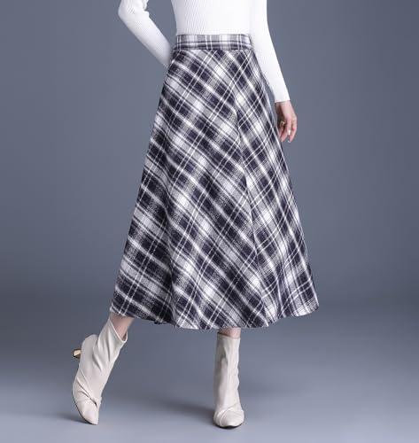 Women's Winter High Waist Plaid Long Skirt Slim A-line Elegant Midi Skirt Maxi Skirt with Pocket3