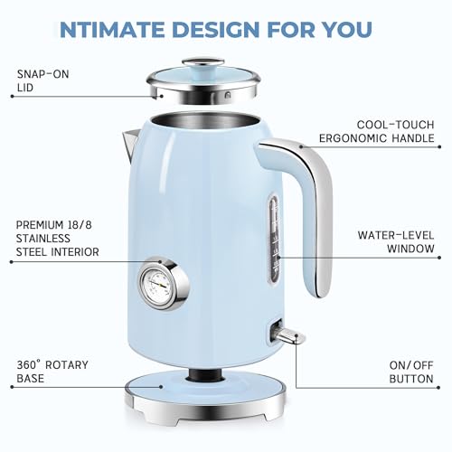 Image of SUSTEAS Electric Kettle - 57oz Hot Tea Kettle Water Boiler with Thermometer, 1500W Fast Heating Stainless Steel Tea Pot, Cordless with LED Indicator, Auto Shut-Off & Boil Dry Protection, Blue
