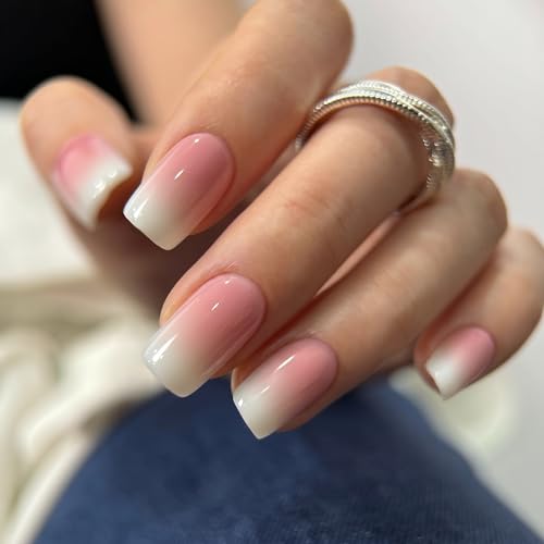 Image of Curvlife Press on Nails Acrylic Fake Nails with Ivory Gradient White Design Full Cover False Nails for Women Reusable Nail Kit with Nail Glue Adhesive Tabs