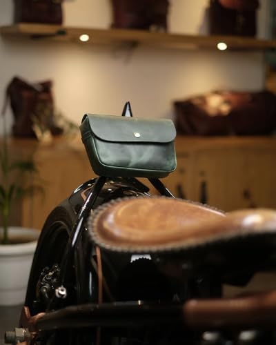Image of Trip Machine Company Genuine Leather Motorcycle Front Handlebar Leather Bag | Moto Backrail Sidekick Pouch | Shoulder Bag | Fanny Pack (Forest Green)