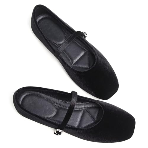 WENJIAZHIZHI Women's Vintage Warm Mary Janes Flats One Step Ankle Buckle Square Toe Dress Ballerian Flats Shoes2