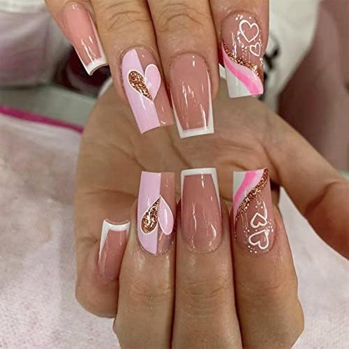 QINGGE Pink Press on Nails Medium Glossy French Tip Heart Fake Nails False Nails with Glue on Nails Stiletto Stick on Nails Acrylic Nails for Women Valentine's Day