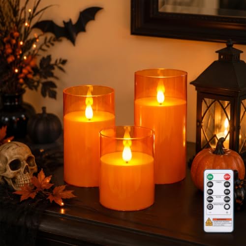 Image of Homemory Halloween Orange Flameless Candles, Acrylic, Remote Timer, 3 Pack | Flameless LED pillar candles, battery operated candles, D3 inchxH4 inch /5 inch /6 inch, remote timer, Halloween, fall decor, Thanksgiving