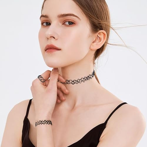 soodyoow 3er Set Ketten Armband Ring Halskette Choker Tattoo Stretch Accessoires Schwarz elastisch Damen 90er Jahre Style Gothic Punk Schmuck Set