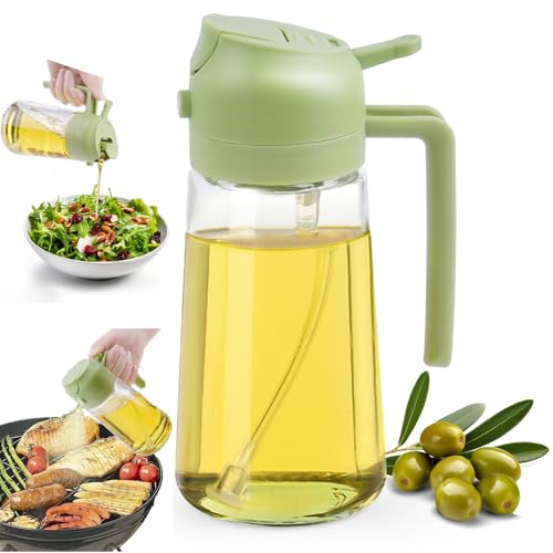 Oil Spray Bottle, 2 in1 Olive oil Sprayer Glass 20.3oz /600ml, Dual Feature Cooking Oil Dispenser Mister Vinegar for Kitchen, Air Fryer, BBQ, Vegetable (Green)