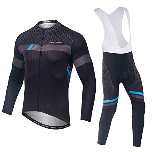 SKYSPER Ciclismo Maillot Hombres Jersey + Pantalones Largos Culote Mangas Largas de Ciclismo Conjunto de Ropa Maillot Entretiempo para Deportes al Aire Libre Ciclo Bicicleta