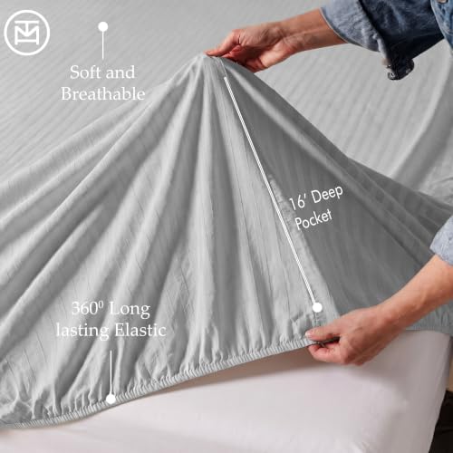 Image of Threadmill 600TC Cotton Full Sheet Set, Sateen, Damask Stripe, Light Grey