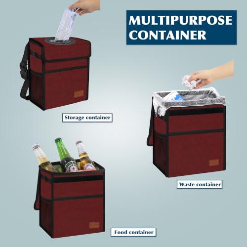Image of Femuar Leak Proof Car Trash Can with Lid, Collapsible Hanging Waterproof Car Trash Bag with Mesh Pocket for SUV Front Seat Headrest, Burgundy
