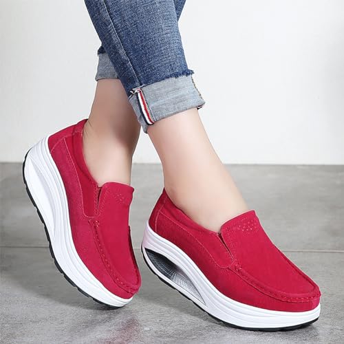 Image of Aceptolcom Women's Red Suede Platform Wedge Loafers, Casual Comfort Good Arch Support Slip On Shoes, Size 4.5-9.5