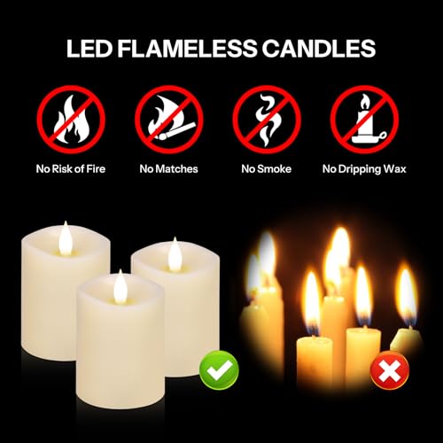 Image of 3x4 Flickering Flameless Candles Set of 3,Real Wax Pillar LED Candles,with Timer,4 inch Flameless Candles with Remote,for Party Wedding Holiday Home Decor,Ivory