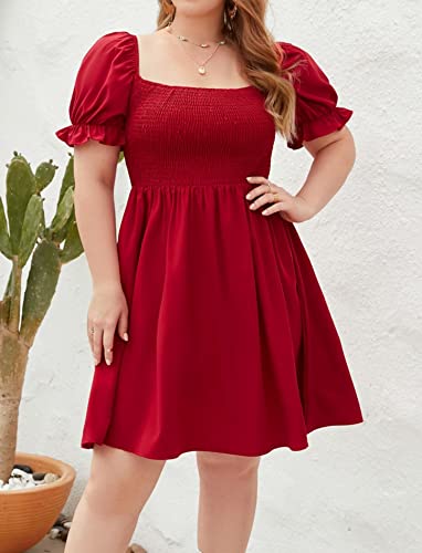 Women\'s Plus Size Summer Square Neck Ruffle Smocked Swing Midi Dress with Belt Wine Red 2X