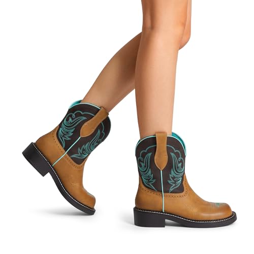 DREAM PAIRS Cowboy Cowgirl Boots for Women, Round Toe Embroidered Mid Calf Western Boots for Work, Country Concerts, Rodeos, Casual Outings,Size 8,Tan/Brown,DWUMMB2509