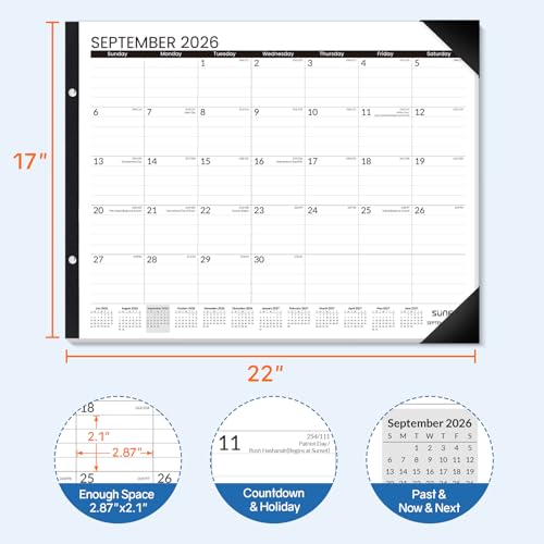 Image of SUNEE Desk Calendar 2026 Large 22x17 from July 2026 to December 2027, Extra Large Desktop Monthly Calendar Pad 18 Months For Teacher or Office, Desk Top, Black Minimalism
