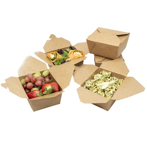 50 x Brown Cardboard Takeaway Food Boxes Eco-Friendly Biodegradable (L130/113 x W108/91 x H65mm - 850ml/28oz), Leak-Proof & Freezer Safe Kraft Deli Containers For Lunch On The Go Or Party leftovers