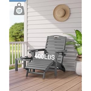 Folding Adirondack Chair with Retractable Ottoman Weather Resistant Fire Pit Chair Patio Chair with 2 Cup Holder Lawn Outdoor Lounge Chair Grey