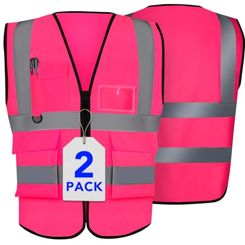 XPCARE 2-Pack Hi Vis Reflective Safety Vest with Pockets,High Reflective Strips Zipper Work Vest for Men and Women,Pink
