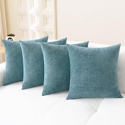 Image of CaliTime Throw Pillow Covers Decorative 18 X 18 Inches Pack of 4 Cozy Chenille Cushion Cases for Couch Sofa Bed Living Room Home Smoke Blue
