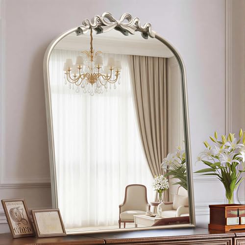 Image of Besdomus Vintage Arched Gold Mirror: 24x36 Large Silver Bow Vanity Mirror | French Antique Baroque Metal Framed - Traditional Ornate for Bathroom /Entryway /Bedroom - Ideal for Master Bath Renovations