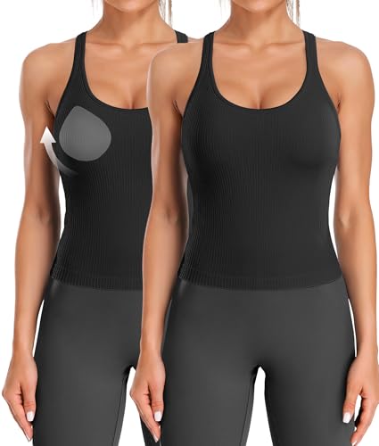 Image of ATTRACO Ribflex Ribbed Workout Crop Tops with Built in Bra for Women Yoga Racerback Tank Top Slim Fit
