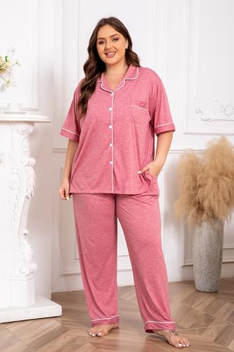 Image of Vozanet Women Plus Size Pajamas Button Down Rayon Softness PJS Classic Sleepwear Short Long Loungewear 2pcs with Pockets