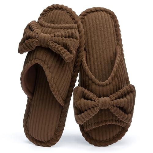 Image of GOEWY Cute Slippers for Women Indoor and Outdoor Cozy Soft Bow Open Toe Womens Slippers with Memory Foam Anti-Skid Sole Slides Spa Birthday Gifts for Women Mom Her Ladies Bridesmaid