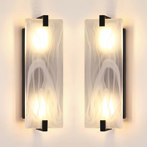 Image of 2 Pack 2 Light 15.7 inch Frosted Glass Bathroom Wall Sconce Modern Concise Style Wall Light Fixture,Black Finish for Bedroom Hallway Bedside