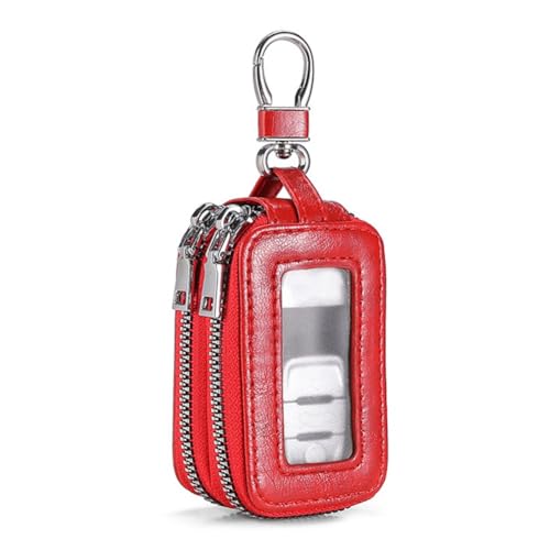 MoSundi Leather Car Key Case with Transparent Window, Double Zipper Keychain Protector Holder for Most Keys up to 3.54 x 1.97 x 1.38 Inches