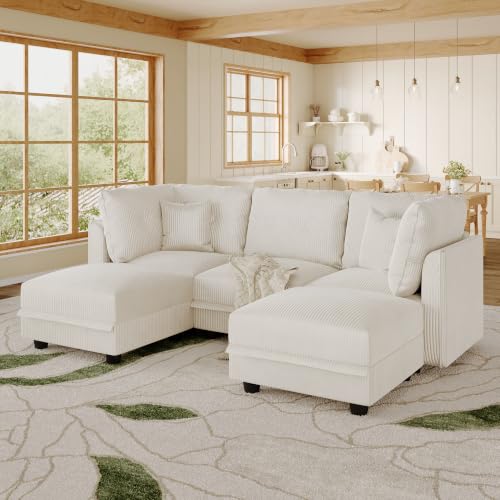 Image of LLappuil Modular Sectional Sofa with Storage, U-Shaped 5-Seat Corduroy Couch with 5 Throw Pillows, Pet-Friendly Convertible Sofa for Small Space, Skin-Friendly, Beige
