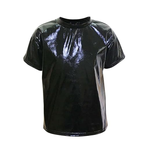 Girls Metallic Sparkle Summer Tops Short Sleeve Sequins Round Neck Shiny Party T-Shirt Kids Performance Oufits for 3-16 Years