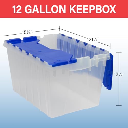 Image of Akro-Mils KeepBox 12 Gallon Storage Container, Nesting and Stackable Plastic Storage Box with Lid Attached, Clear Tote for Garages, Closets, Moving, 21-1 /2 inch x 15 inch x 12-1 /2 inch, Clear /Blue, Pallet of 48