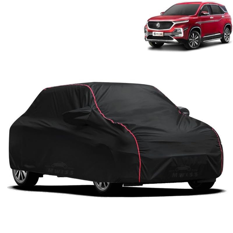 Image of Waterproof Car Cover for MG Hector | All-Weather Protection, Dustproof & UV Resistant | Triple Stitched Mirror Pockets, Windproof Buckle Strap with Elastic Hem, Black-Red Piping