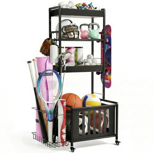 Faesun Sports Equipment Organizer Ball Storage Rack for Garage 4-Tier Indoor/Outdoor Rolling Ball Carts with Wheels for Toy Sports Gear Storage Black