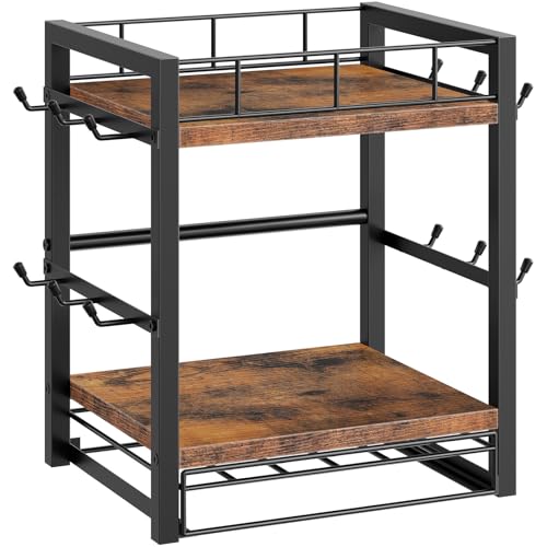 HOOBRO Coffee Mug Cup Holder, Tree Bar Station Organizer for Countertop, 12 Hooks Mug Stand Rack & Sliding Drawer intended for 30 K-Cup Pods, 2 Tier Mug Display Stand, Rustic Brown and Black BF11TL01