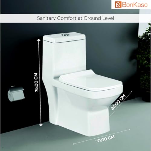 Image of BonKaso Premium Western Floor Mounted Ceramic One Piece Commode (White)| S Trap European Toilet with Soft Close Seat | Square Design Water Closet for Bathroom /Lavatory | Siphonic Vacuum Flush System