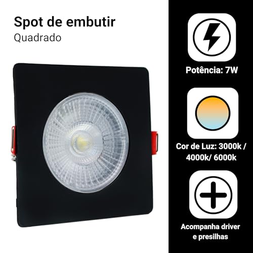 Kit 5 Spot Led Capa Preto 7w Direcionável Quadrado (Branco Quente)