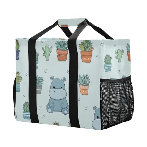 Hippopotamus and Green Plant Patterns Beach Tote Pool Bags for Women Ladies Large Waterproof Gym Tote Carry On Bag for Weekender Swim Gym Shopping Travel Daily Bag2