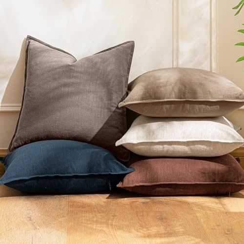 Image of Decorative Linen Solid Throw Pillow Covers 20x20 Inch Set of 2 Light Coffee Boho Accent Farmhouse Pillows Modern Neutral Home Decor for Couch Sofa Living Room Bed