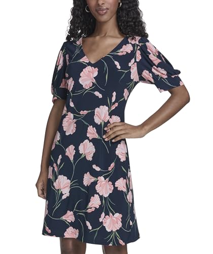 Image of Tommy Hilfiger Women's Short Puff Sleeve V-Neck Shift Mini Dress