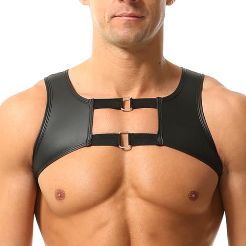 DTODWW Herren Kunstleder Brustgurt WesteSchwarze Doppel-Schnalle Cut-Out Style Tops Party & Street-Fashion