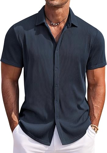 Image of CB-COLEBROOK Casual Shirt for Men|| Shirt for Men|| Men Stylish Shirt|| Men Vertical line Shirt|| Button Down Shirts Short Sleeve Fashion Textured Beach Summer Shirt Top