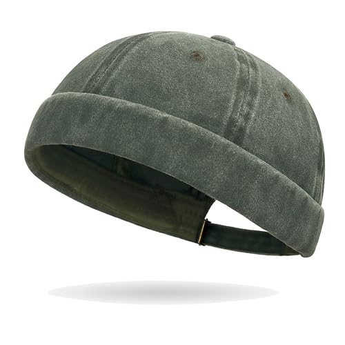 Image of Sailor Brimless Skull Hat, Washed Cotton Docker Hat for Men Vintage | Classic Vintage Style,Solid Color, Casual, Harbour Hat, Vintage Brimless Sailor Hat, Rolled Cuff Retro Beanie Hat, Adjustable