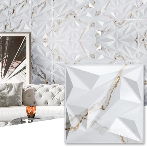 Image of Art3dwallpanels 33 Pack 3D Wall Panel Diamond for Interior Wall Decor, PVC Textured Wall Panels, 12''x12'' Cover 32.Sq.Ft. Gold Veined White