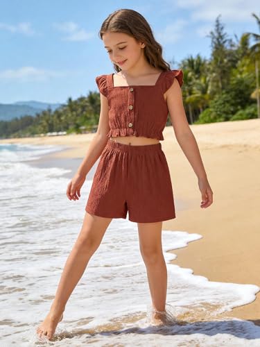 Image of Girls Summer Outfits Textured Botton Front Flutter Sleeve Shirt Ruffle Hem Crop Top and Solid Shorts Sets Rust Red 13-14 Years