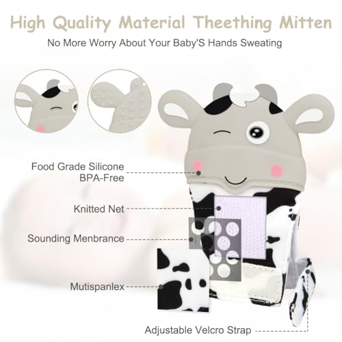 Image of 2Pack Silicone Teething Mitt, Cow Baby Teething Toy for 0-6 6-12 Months, Food Grade Silicone Infant Teething Mitten, BPA-Free Baby Chew Toys for Pain Relief, Sucking Needs